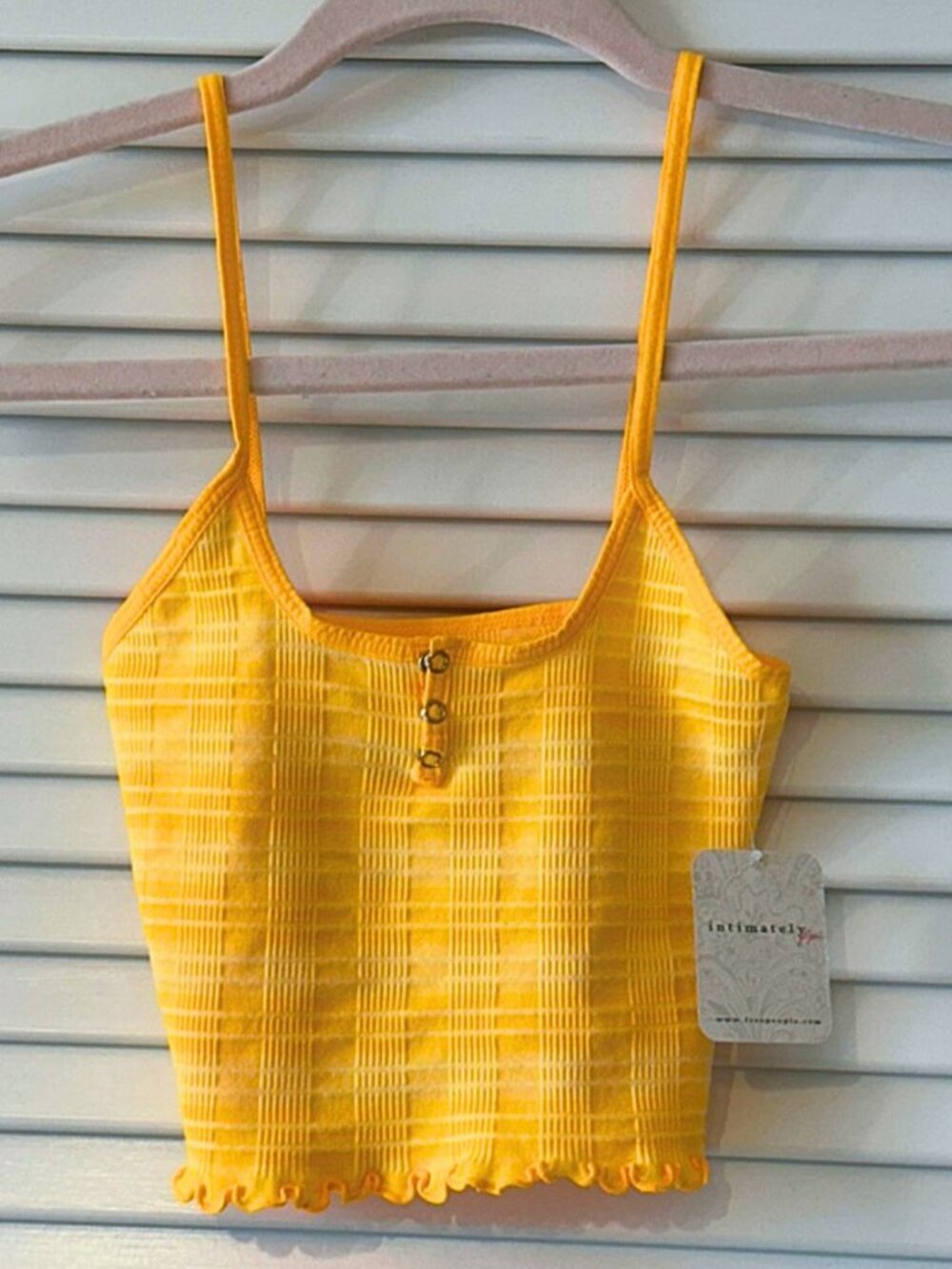 Free People Snap Into It Yellow Ribbed Henley Crop Tank Top Cami Spaghetti Strap